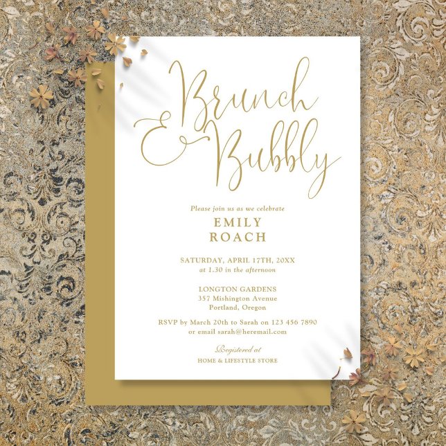 Elegant guldmiddag med bubbel för bruden. Bröllops Inbjudningar (Chic Elegant Gold Brunch And Bubbly Bridal Shower Invitation)
