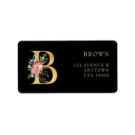 Elegant guldmonogram B med rosa blommor Etikett Adressetikett