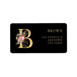 Elegant guldmonogram B med rosa blommor Etikett Adressetikett