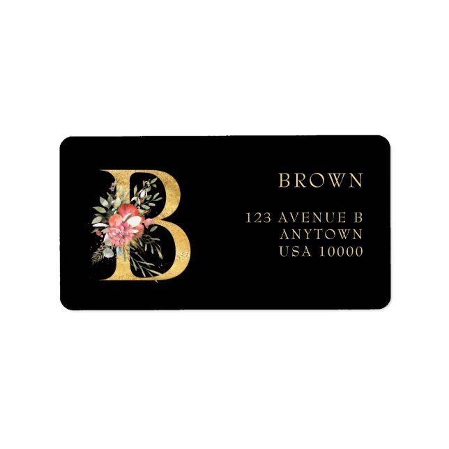 Elegant guldmonogram B med rosa blommor Etikett Adressetikett (Framsidan)