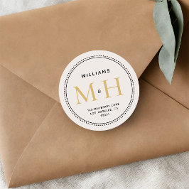 Elegant guldmonogram bröllops returadressetikett runt klistermärke