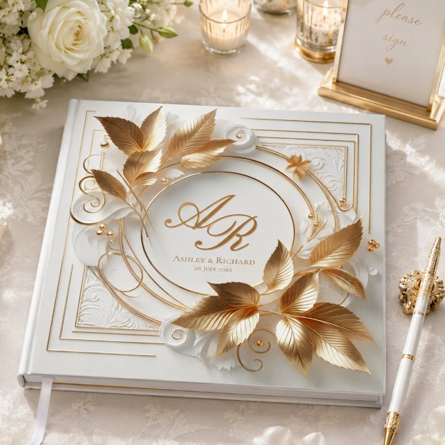Elegant guldmonogram bröllopsgästbok gästböcker (elegant opulent ivory gold foliage wedding guestbook with custom monogram names and wedding date)