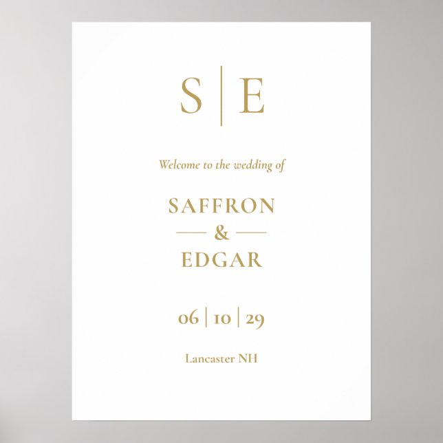 Elegant guldmonogram bröllopsväxkomstskylt poster (Framsidan)