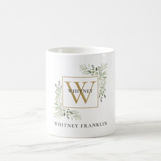 Elegant guldmonogram eukalyptusgrönska kaffemugg (Center)