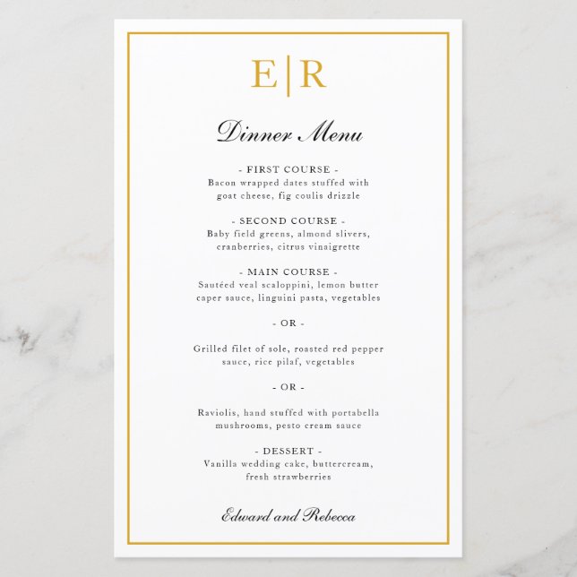 Elegant guldmonogram formell bröllopsmeny (Framsida)