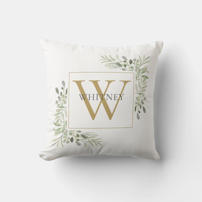 Elegant guldmonogram grönska bladverk kudde (Framsida)