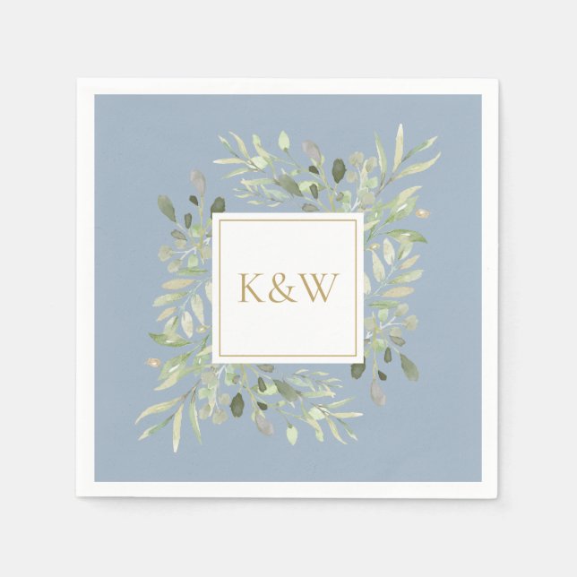 Elegant guldmonogram grönska dammig blå pappersservett (Framsidan)