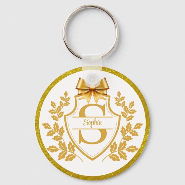 Elegant guldmonogram-kam, båge Personligt namn Nyckelring (Framsida)