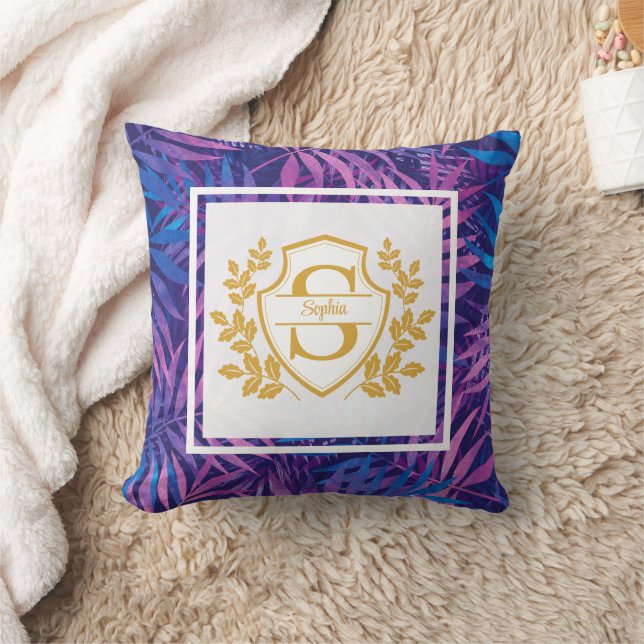 Elegant guldmonogram kunglig vapensköld lila tropi kudde (Filt)