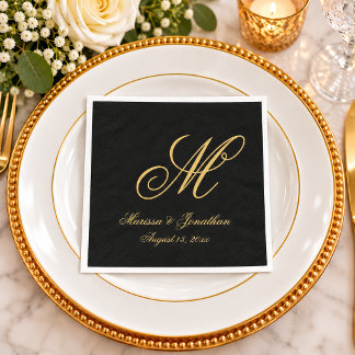 Elegant guldmonogram skript svart bröllop pappersservett