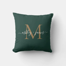 Elegant guldmonogram skriptnamn bröllop grönt kudde