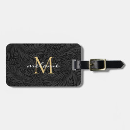 Elegant guldmonogram skriptnamn svart blommig bagagebricka