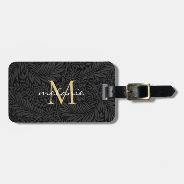 Elegant guldmonogram skriptnamn svart blommig bagagebricka (Horisontell Framsida)