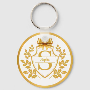 Elegant guldmonogram vapen, båge Personligt namn Nyckelring