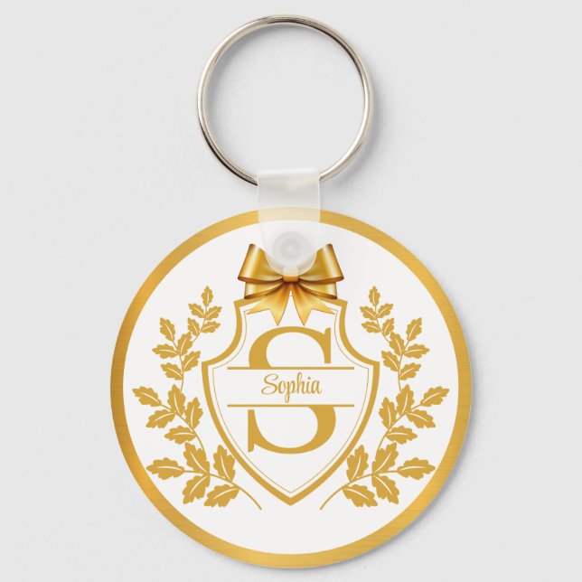 Elegant guldmonogram vapen, båge Personligt namn Nyckelring (Framsida)