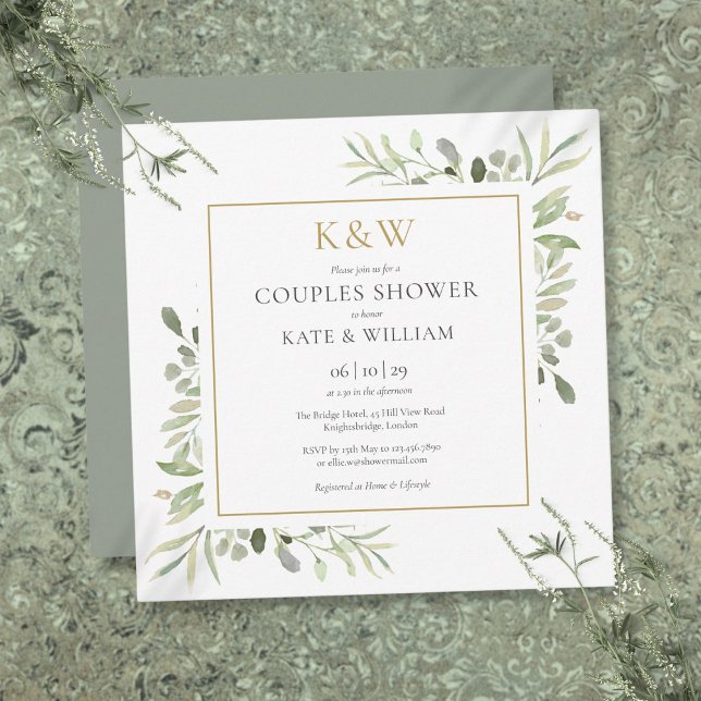 Elegant guldmonogram Växtlighet Par Bröllopsdusch  Inbjudningar (Chic Gold Monogram Greenery Couples Shower Square Invitation)