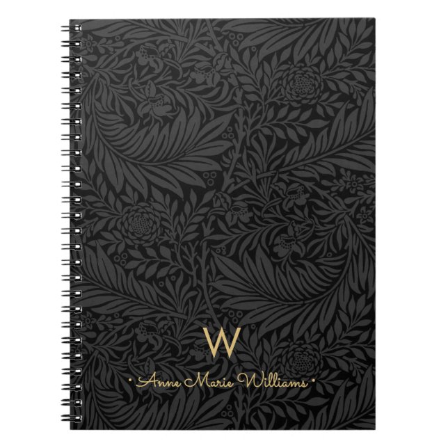 Elegant guldmonogramnamn svart blommönster anteckningsbok (Framsidan)