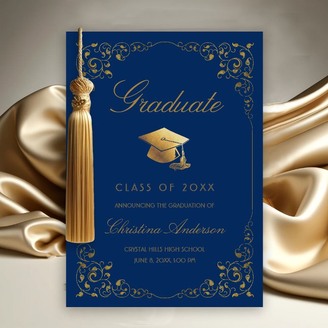 Elegant guldmurgröna examenshatt Royalblå examen Meddelande (Gold Leaf on Royal Blue Graduation Announcement)