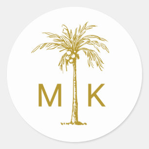 Elegant guldpalmsmonogram Tropisk Runt Klistermärke