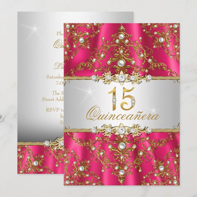 Elegant guldpärl damask Quinceanera inbjudan (Fram/baksida)