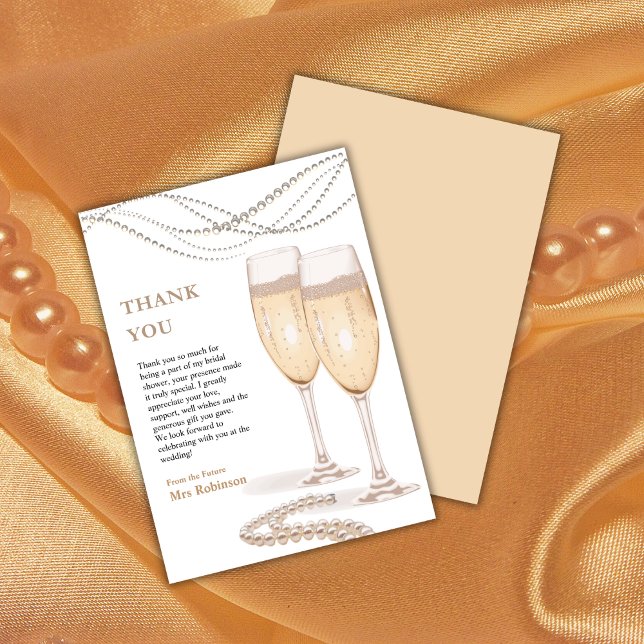 Elegant guldpärlor & Prosecco bröllopsdusch  Tack Kort (Elegant Gold Pearls & Prosecco Bridal Shower Thank You Card  )