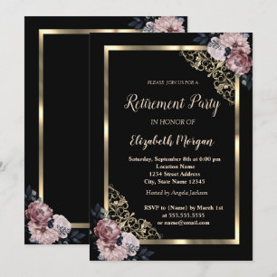 Elegant guldram blommor pensionering inbjudningar