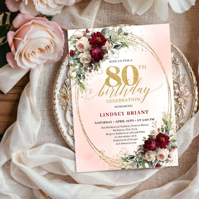 Elegant guldram Boho 80-års födelsedagsinbjudan Inbjudningar (Elegant Gold Frame Boho 80th Birthday Invitation)