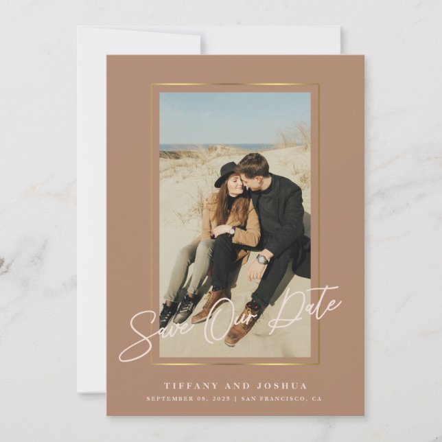 Elegant guldram dammig rosa foto bröllop spara datumet (Framsida)