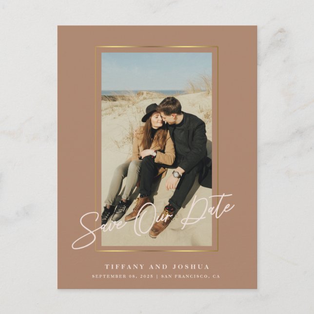 Elegant guldram fotobryllop Save The Date Meddelande Vykort (Framsida)