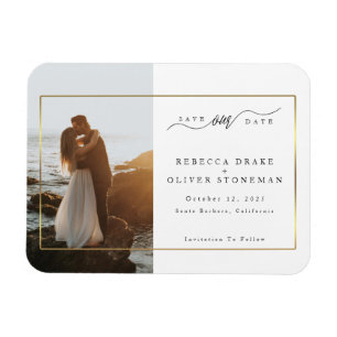 Elegant guldram fotobryllop Spara datum Magnet