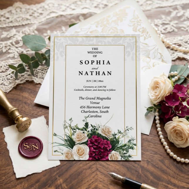 Elegant guldram klassisk blomsterbröllop inbjudningar (Skapare uppladdad)