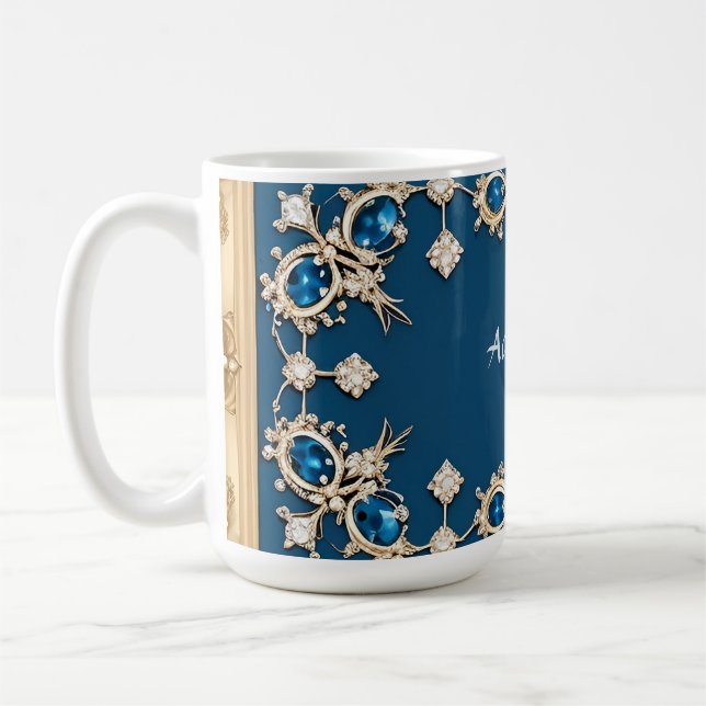 Elegant guldram prydd med blå ädelstenar kaffemugg (Vänster)