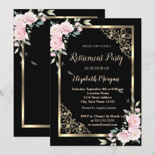 Elegant guldram rosa blommor pensionering inbjudningar