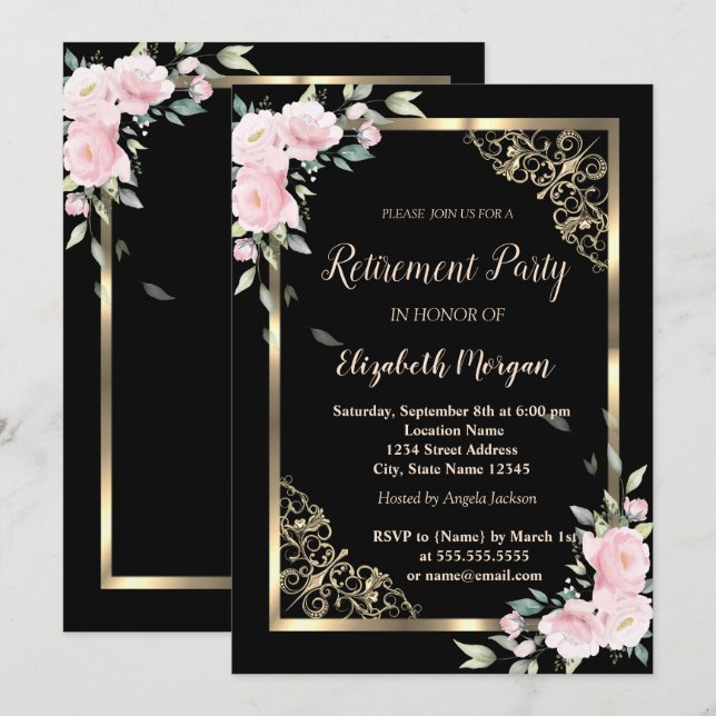 Elegant guldram rosa blommor pensionering  inbjudningar (Fram/baksida)
