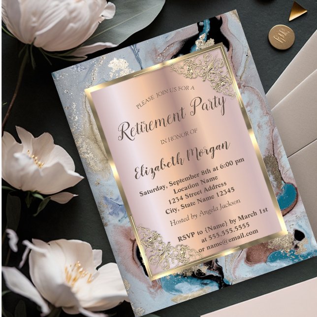 Elegant guldram, Rosa guld, Marmor Pensionering Inbjudningar (Skapare uppladdad)