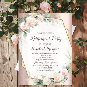 Elegant guldram, rosor, rose gold pensionering inbjudningar