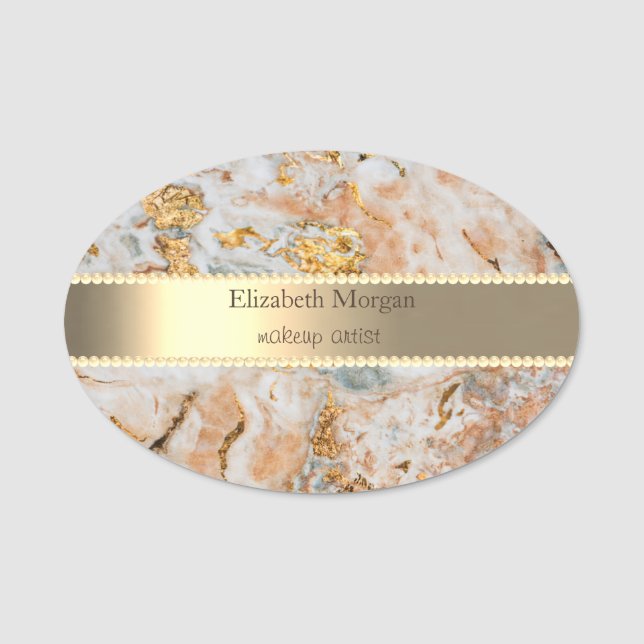 Elegant guldrand, Pärlor Guld Marmor Namn Namnbricka (Framsida)