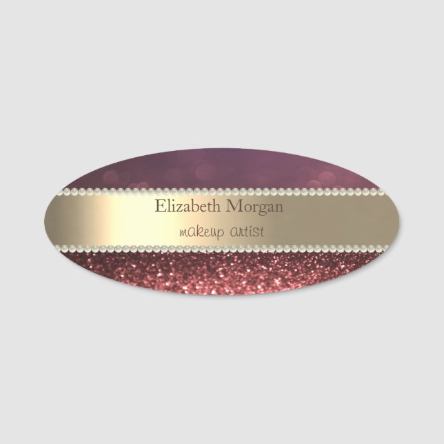 Elegant guldrand,Roséguld glitter Bokeh,Pärlor Namnbricka (Framsida)