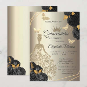 Elegant guldröck, svarta fjärilsrosor Quinceañera Inbjudningar