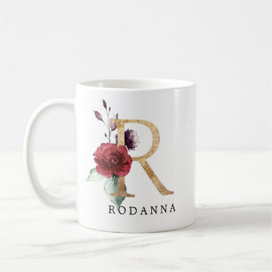 Elegant guldrodnad rosa blomma Bokstav R Kaffemugg