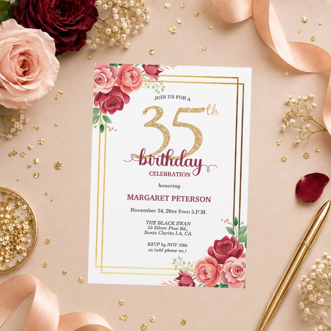 Elegant guldros Blommig 35-års födelsedagsfest Inbjudningar (Skapare uppladdad)