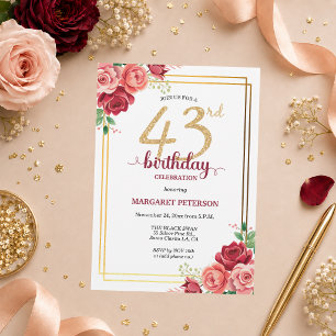 Elegant guldros Blommig 43-årsfest Inbjudningar