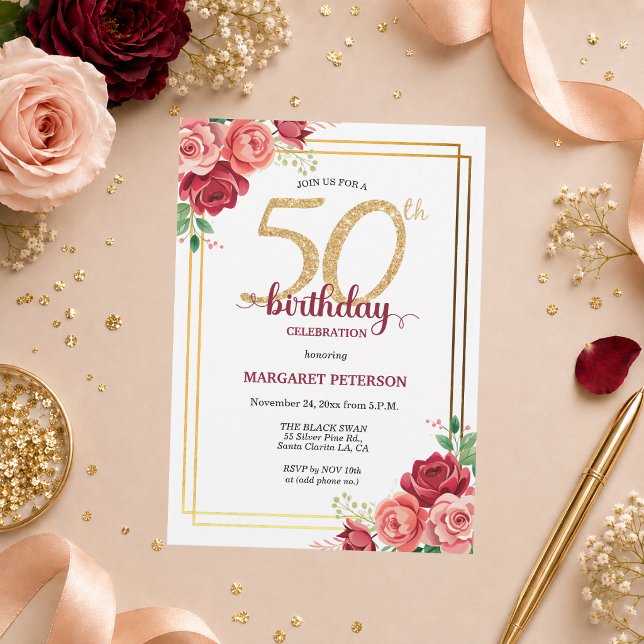 Elegant guldros Blommig 50-årsfest Inbjudningar (Skapare uppladdad)