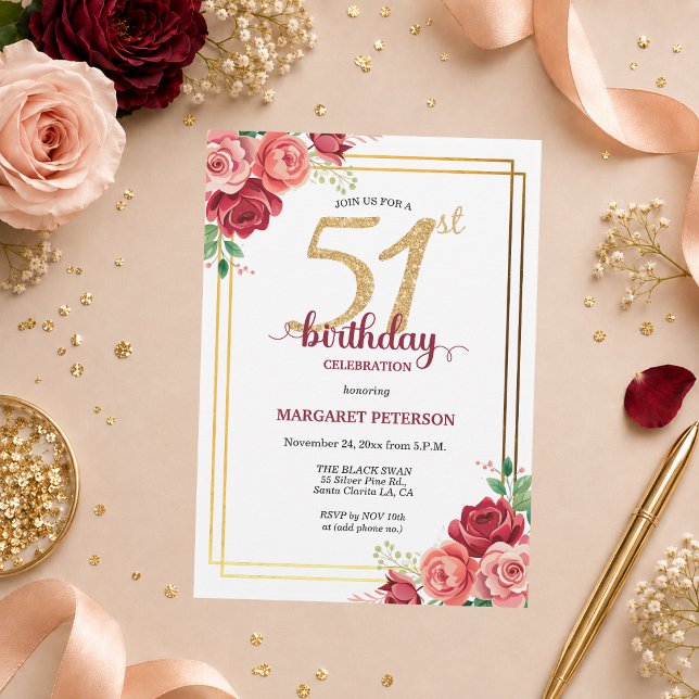 Elegant guldros Blommig 51-årsfest Inbjudningar (Skapare uppladdad)