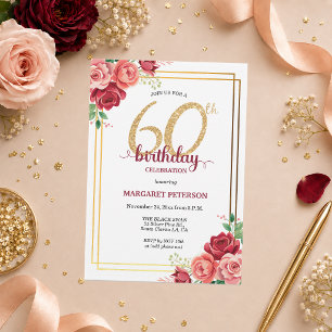 Elegant guldros Blommig 60-års födelsedagsfest Inbjudningar