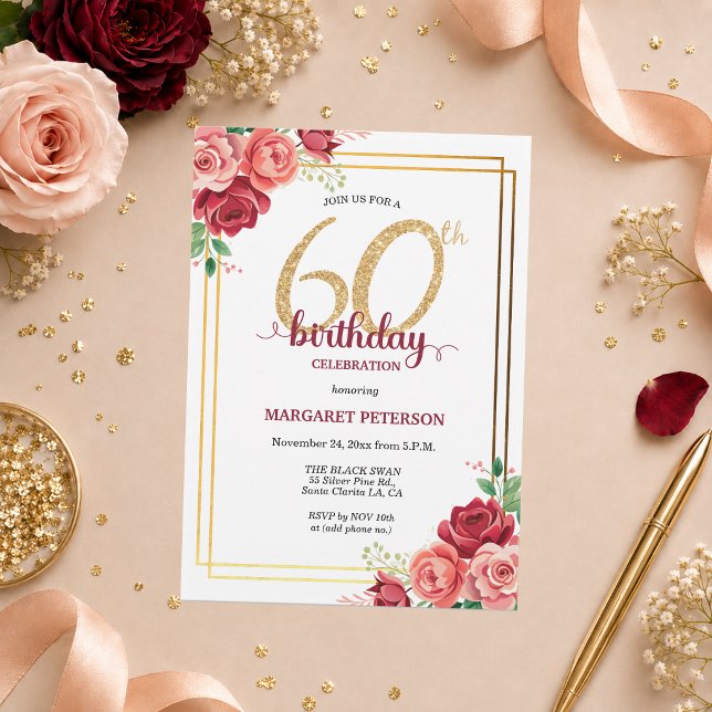 Elegant guldros Blommig 60-års födelsedagsfest Inbjudningar (Skapare uppladdad)