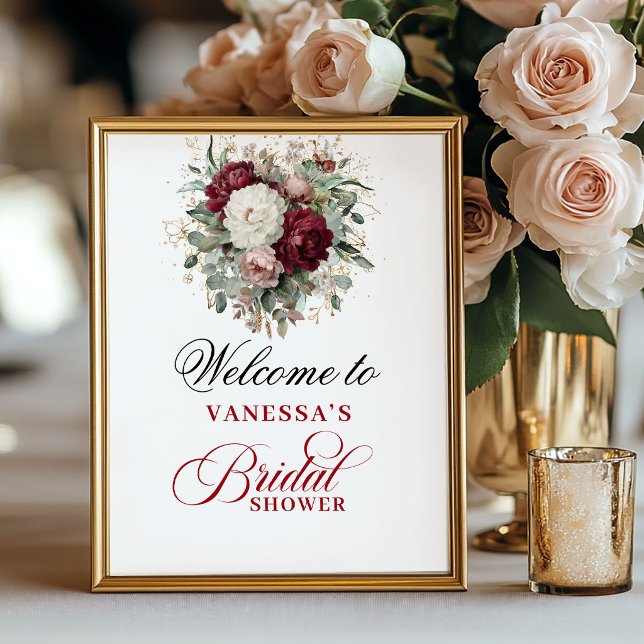 Elegant guldrosafärgad burgunder Bröllopsfestskylt Poster (Elegant Gold Blush Burgundy Bridal Shower Sign)