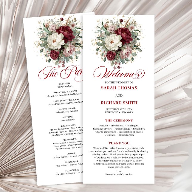 Elegant guldrosé Burgundy bröllopsprogram Program (Elegant Gold Blush Burgundy Wedding Program)