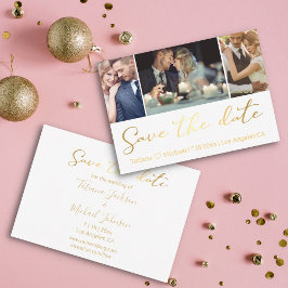 Elegant guldskrift 3 Foto Collage Save The Date Anteckningskort