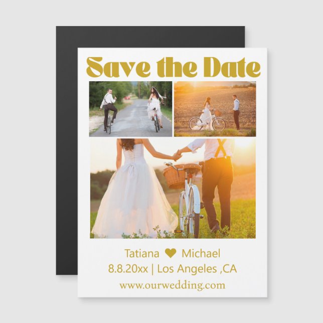 elegant guldskrift 3-foto save the date magnet (Fram/baksida)
